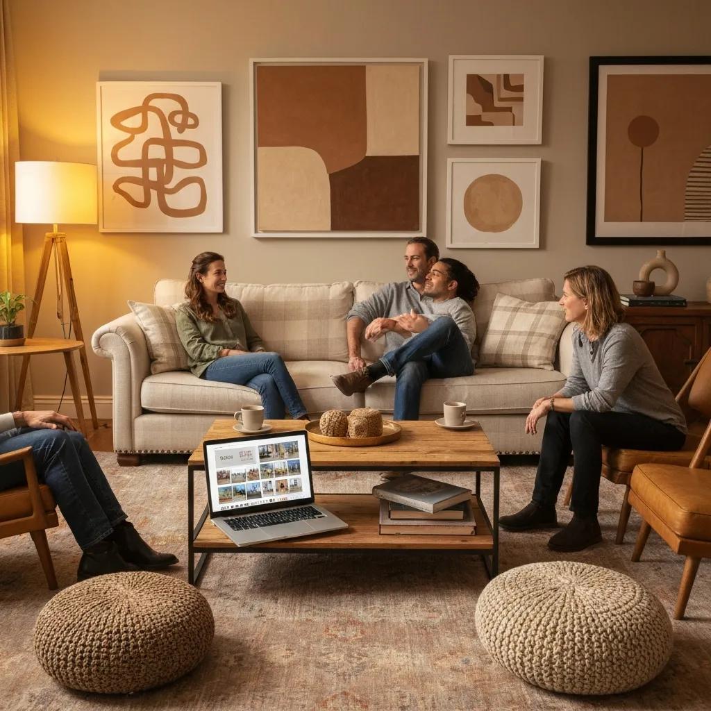 Diverse group discussing real estate investment strategies in a cozy living room