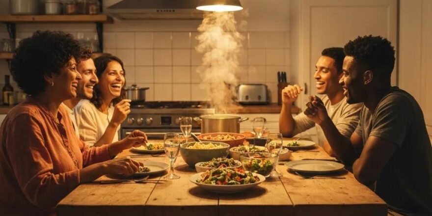 Diverse group of first-time home buyers discussing FHA loan options in a cozy living room