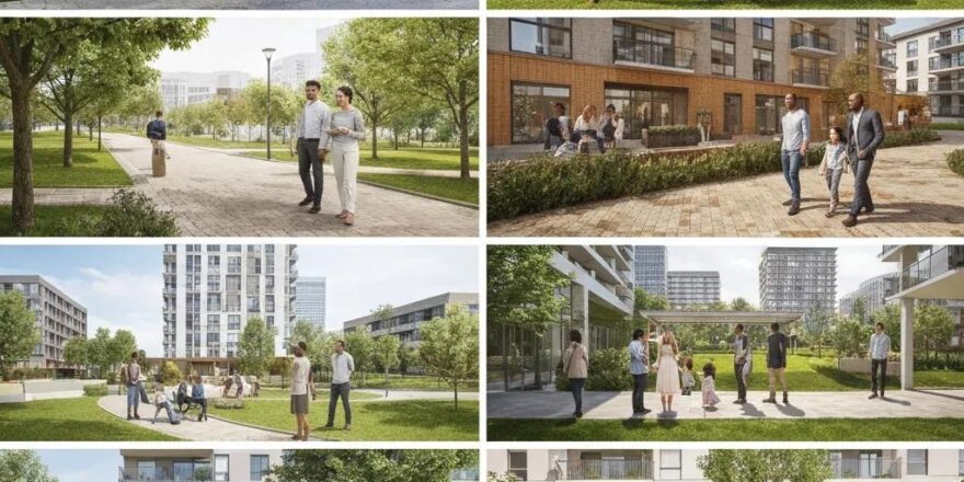 Diverse group of people in a modern urban real estate setting, illustrating demographics impact on housing