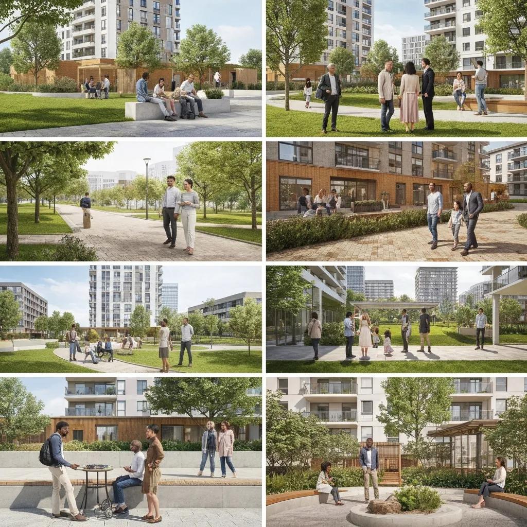 Diverse group of people in a modern urban real estate setting, illustrating demographics impact on housing