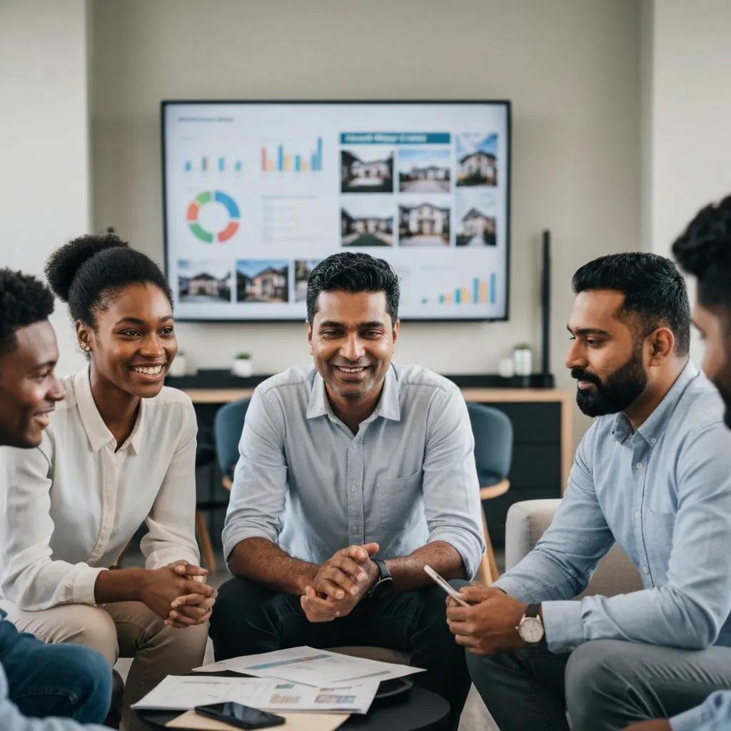 Real estate investors discussing property options in an office