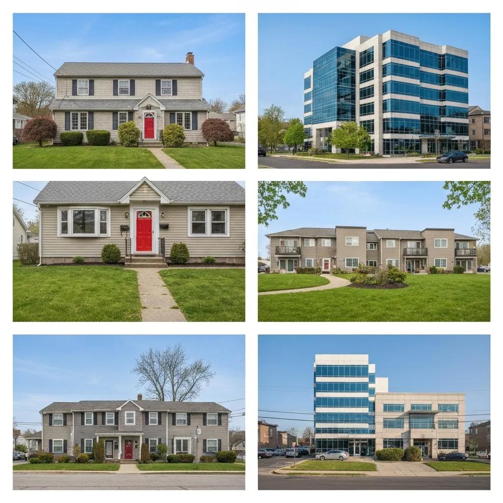 Assorted investment properties: single-family home, small multifamily, and commercial building