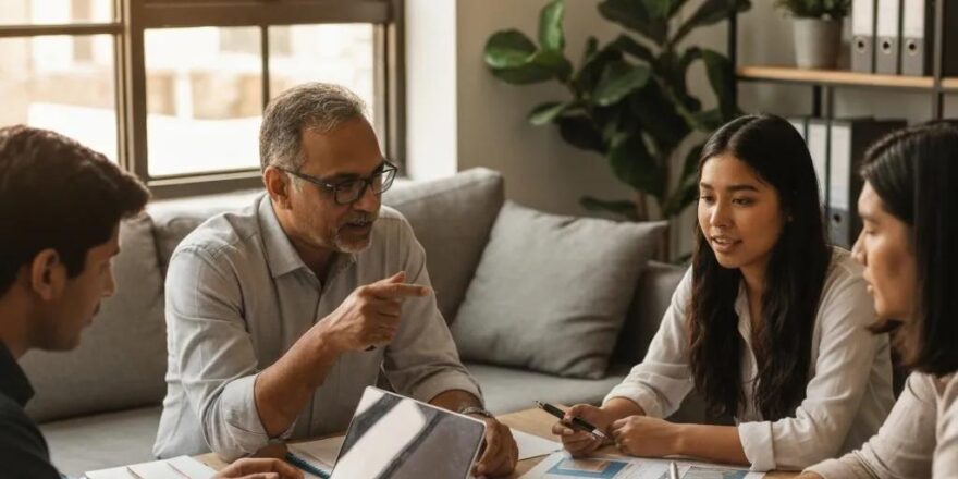 Diverse real estate investors collaborating in a cozy office setting, discussing residential hard money loans