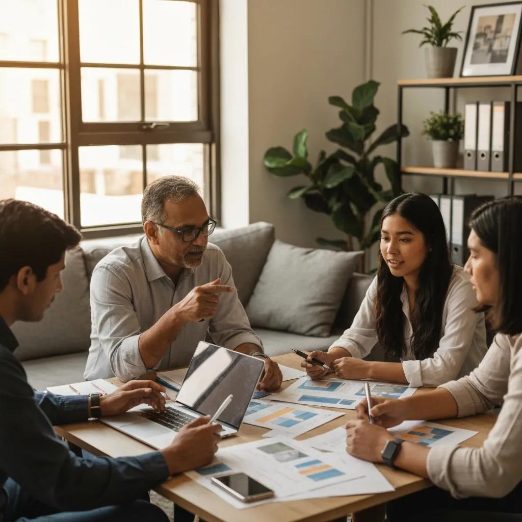 Diverse real estate investors collaborating in a cozy office setting, discussing residential hard money loans