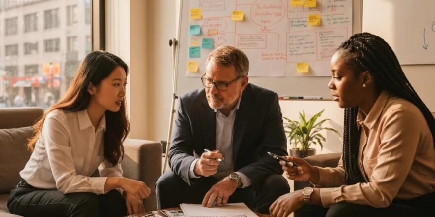 Diverse real estate investors collaborating in a modern office, emphasizing economic influences on real estate