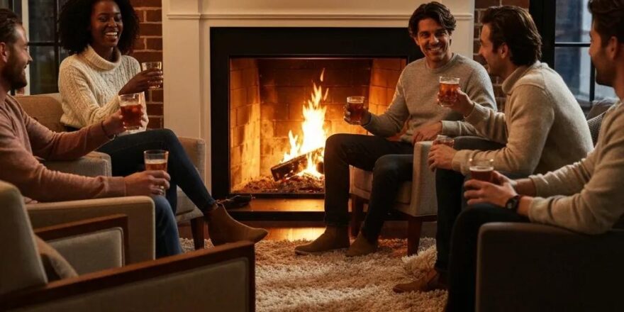 Diverse real estate investors discussing market trends in a modern office with city skyline view