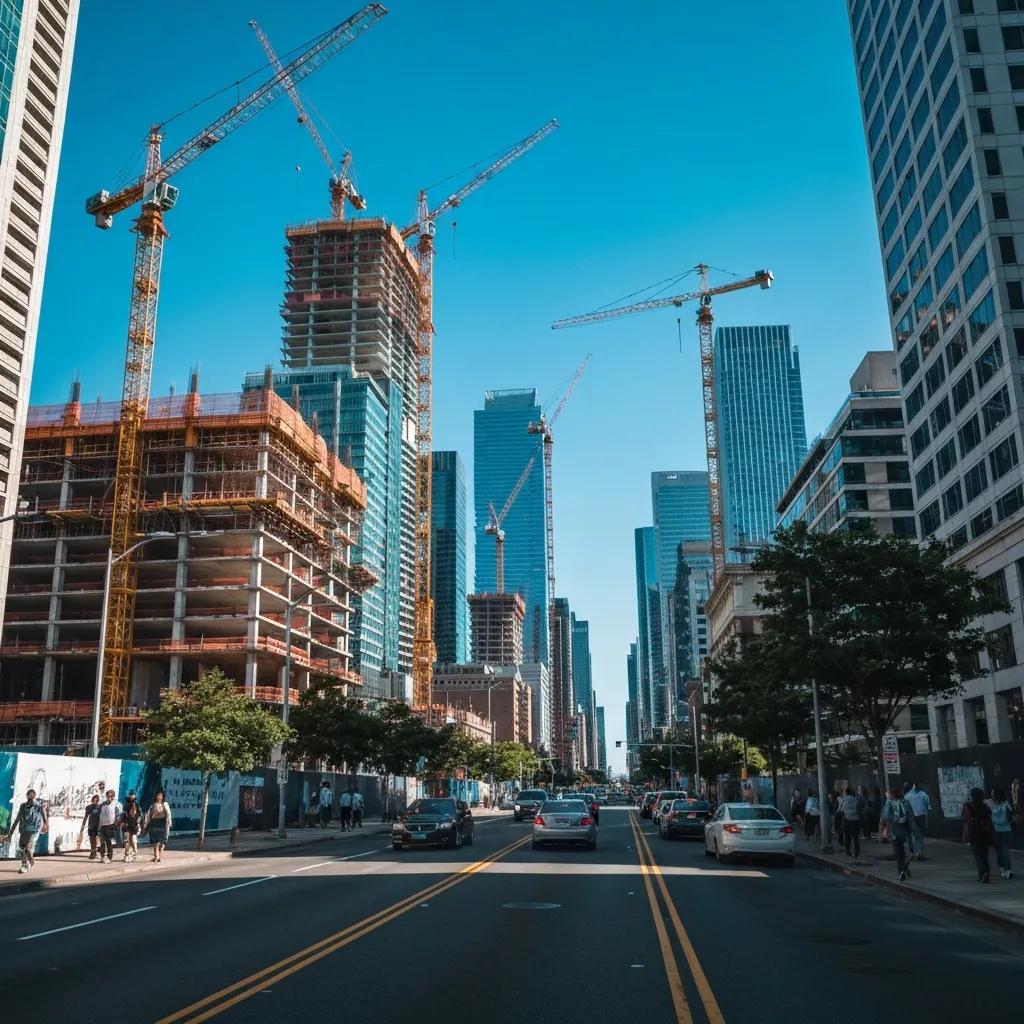 City skyline with cranes and new construction, showing how GDP growth ties to development