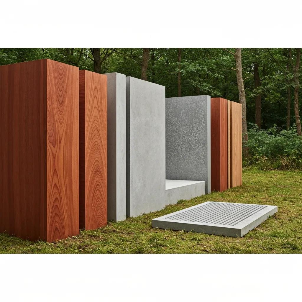 Samples of mass timber, low‑carbon concrete, and high‑performance insulation representing sustainable building materials