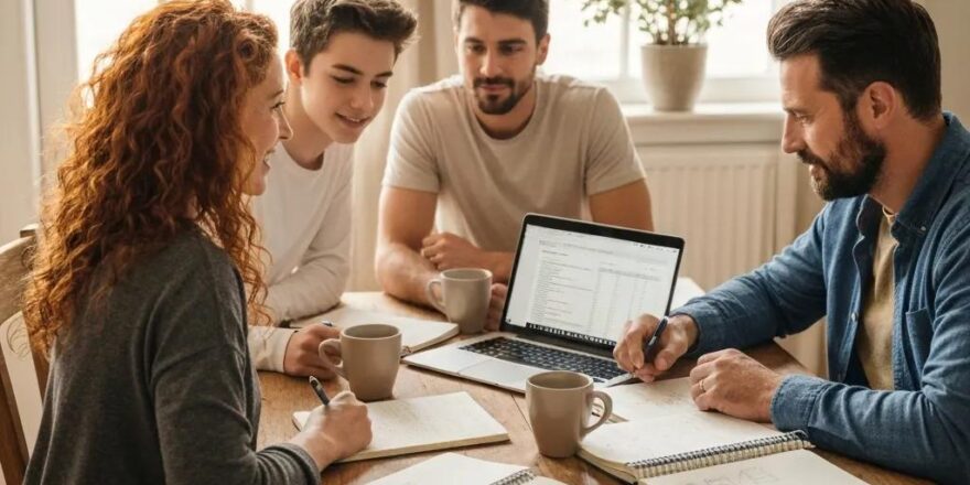 Family budgeting together at a dining table with a laptop and notebooks