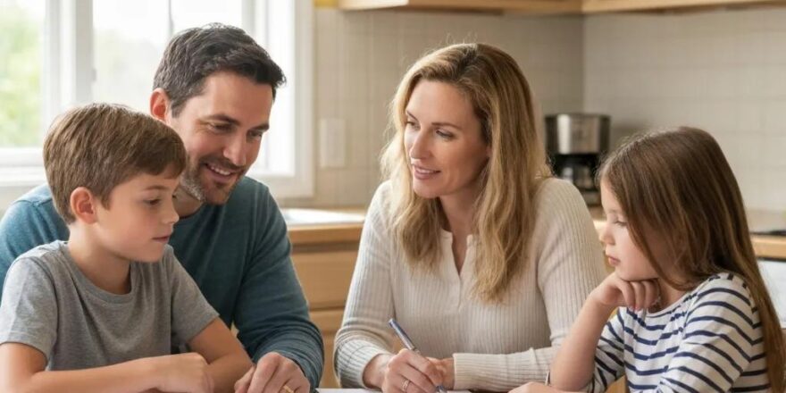 Family discussing financial options to prevent foreclosure at a kitchen table