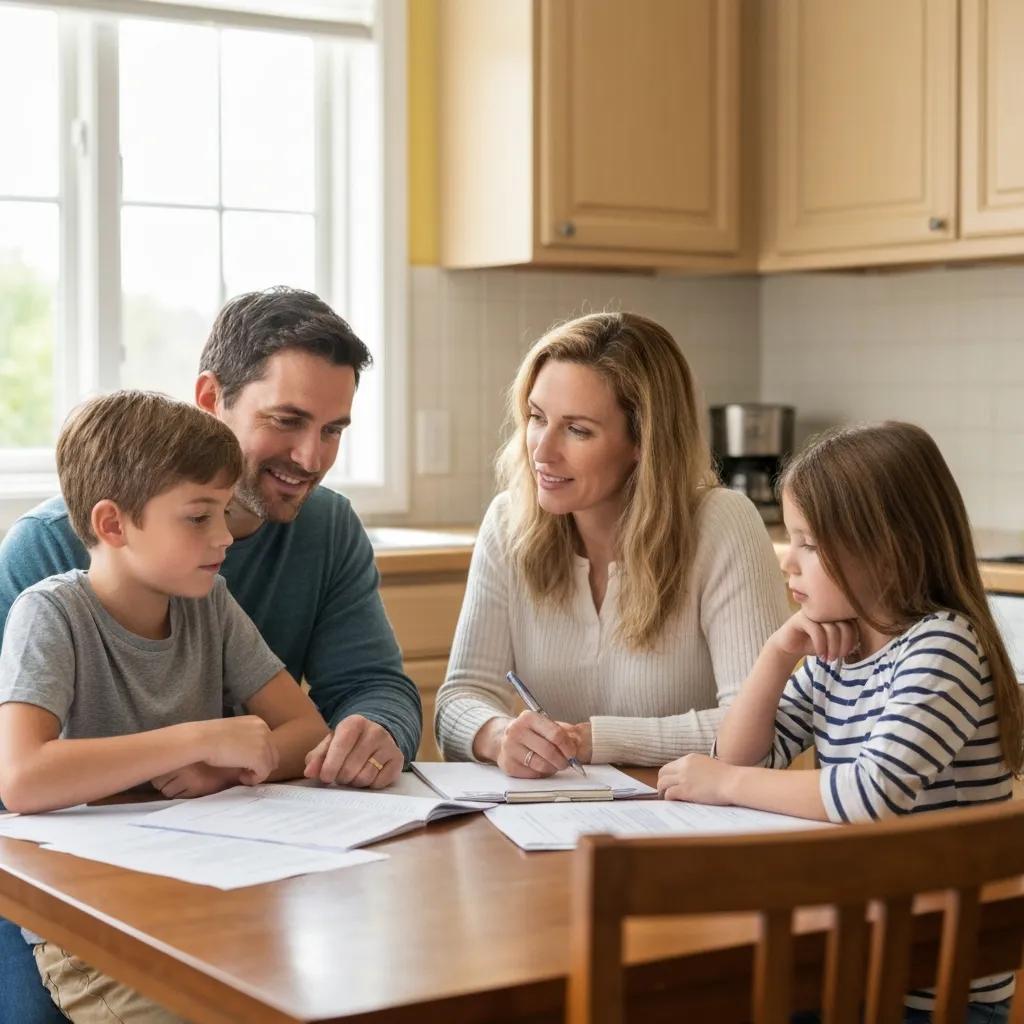 Family discussing financial options to prevent foreclosure at a kitchen table