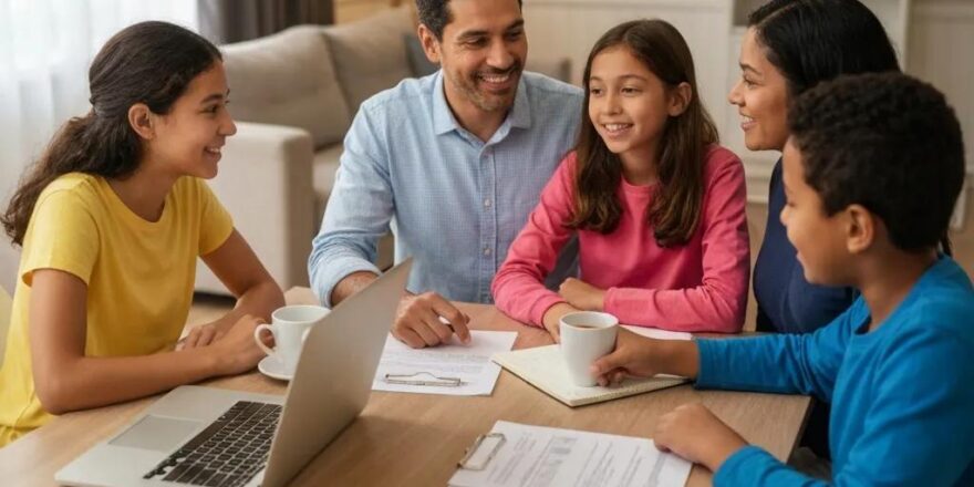 Family discussing fixed-rate mortgage options at a cozy dining table