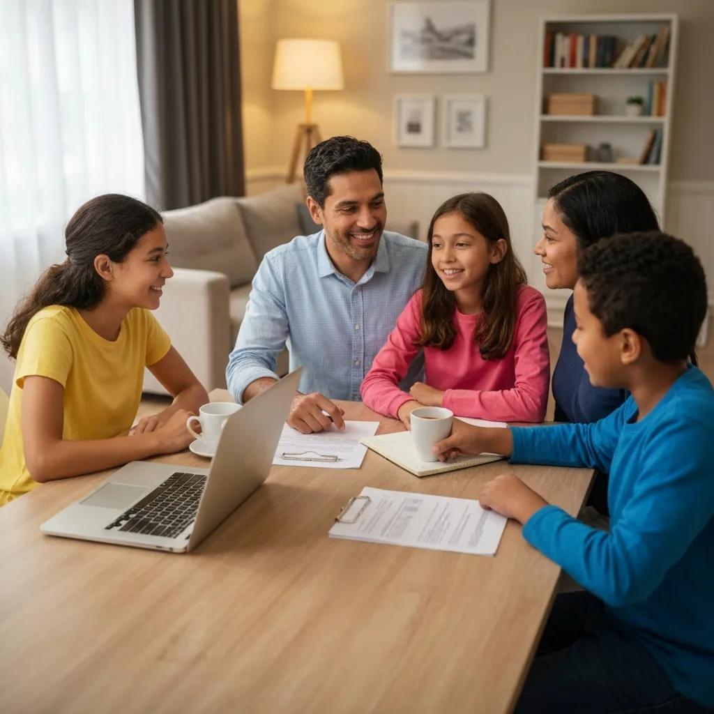 Family discussing fixed-rate mortgage options at a cozy dining table