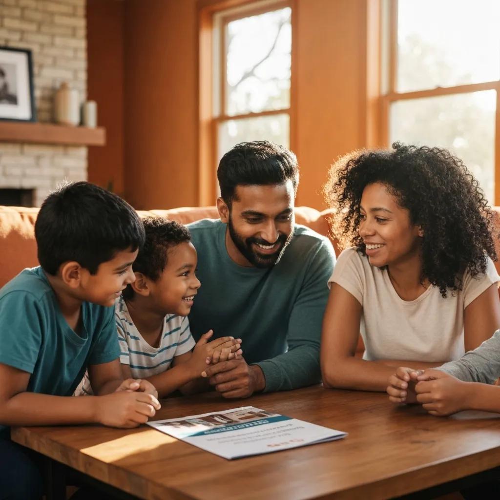 Family reviewing home renovation plans with a home equity loan brochure on the table
