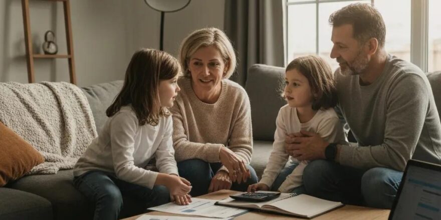 Family discussing mortgage options in a cozy living room with documents and a laptop