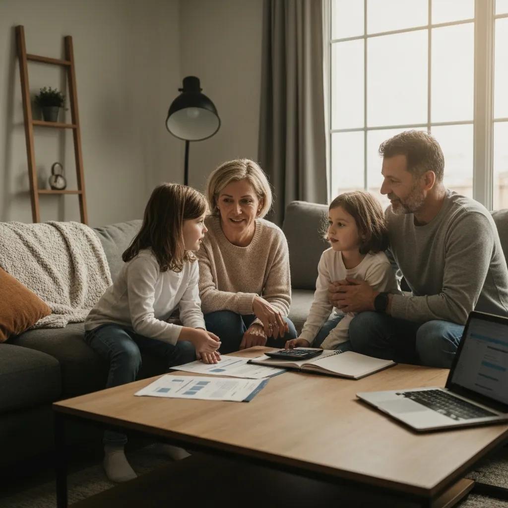 Family discussing mortgage options in a cozy living room with documents and a laptop