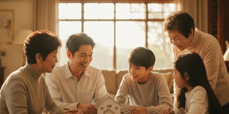 Family discussing real estate inheritance in a cozy setting