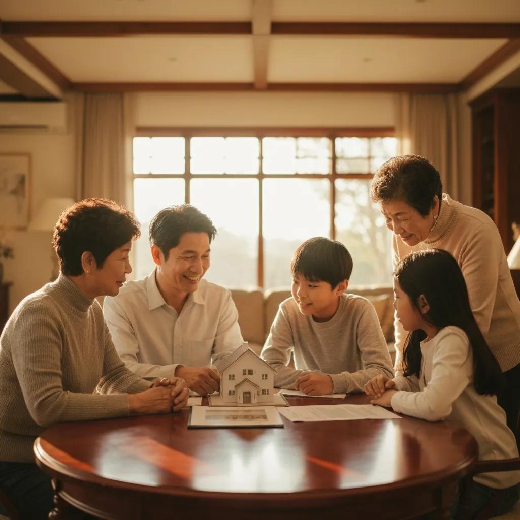 Family discussing real estate inheritance in a cozy setting