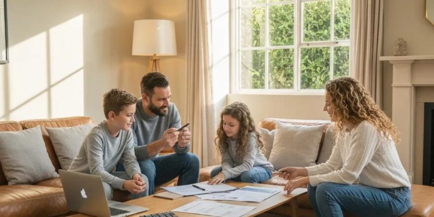 Family discussing traditional mortgage options in a cozy living room