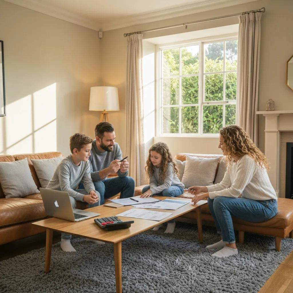 Family discussing traditional mortgage options in a cozy living room