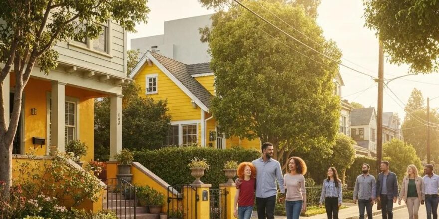 Family exploring a charming Burbank neighborhood with beautiful homes and greenery, representing real estate investment opportunities