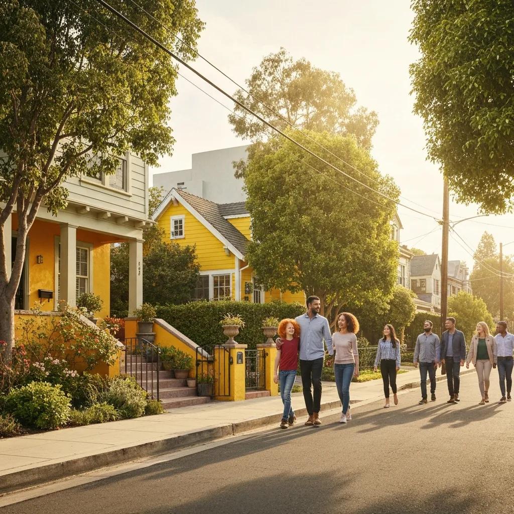 Family exploring a charming Burbank neighborhood with beautiful homes and greenery, representing real estate investment opportunities