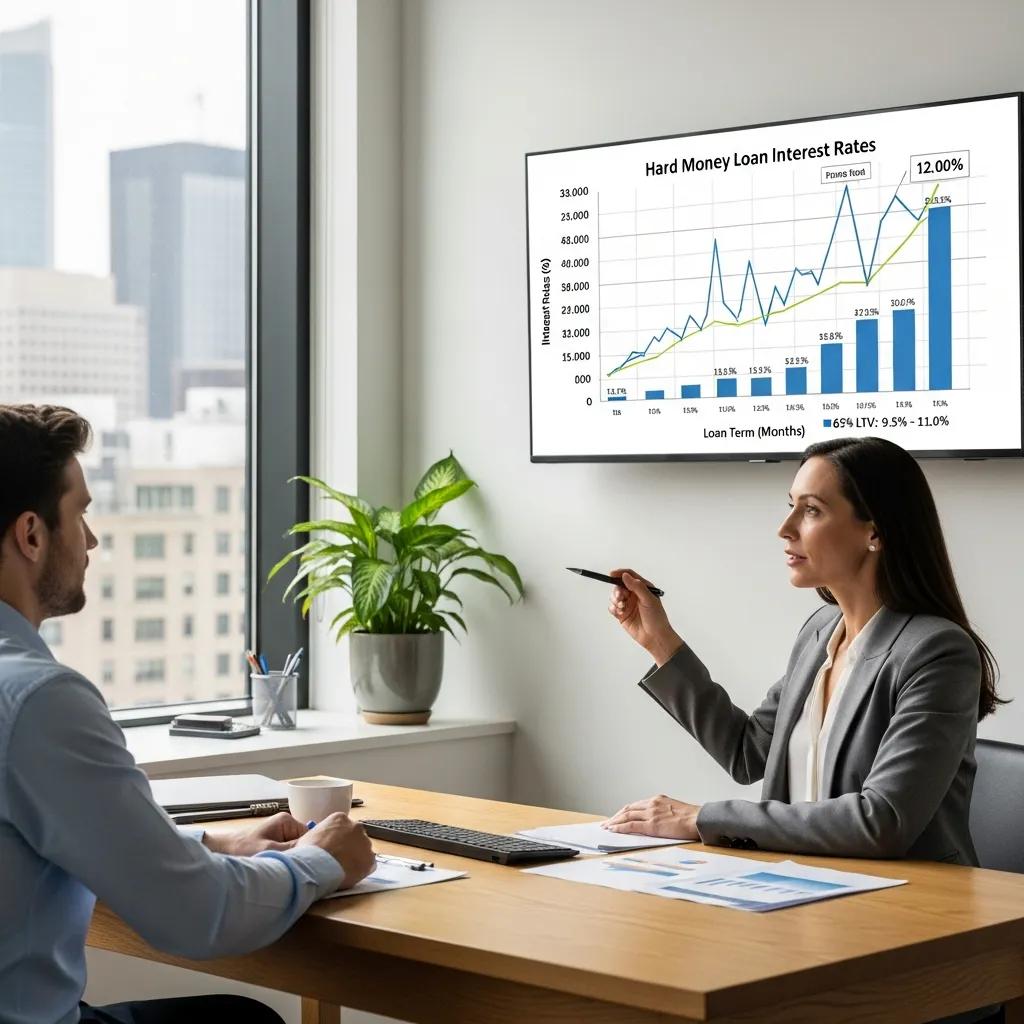 Advisor reviewing average hard money loan rate data with a client