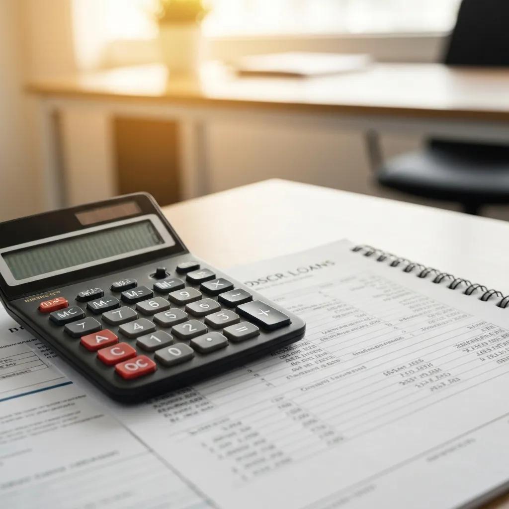Documents and financial tools illustrating DSCR loan calculations for rental properties