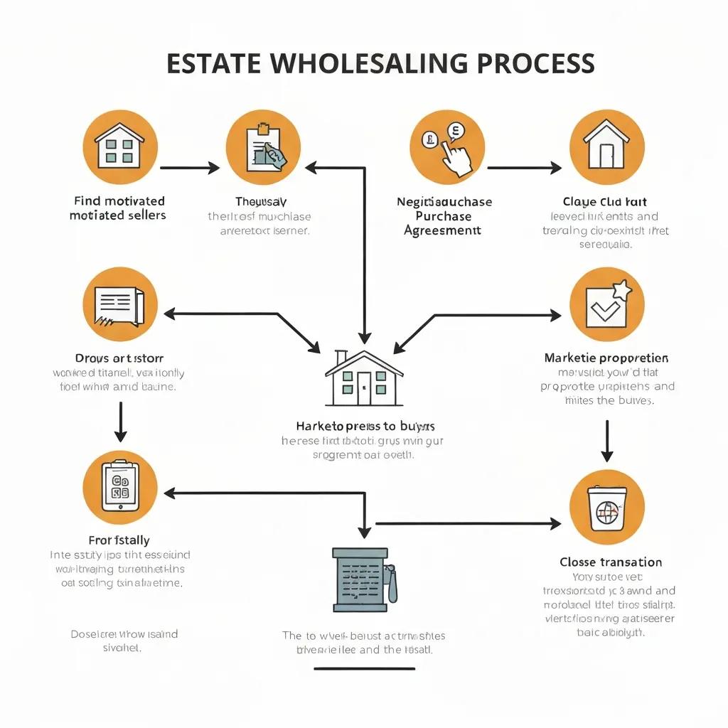 A simple flowchart showing sourcing, contracting, and disposition steps in wholesaling