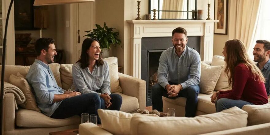 Group discussing financing options in a cozy living room, emphasizing credit scores and loans