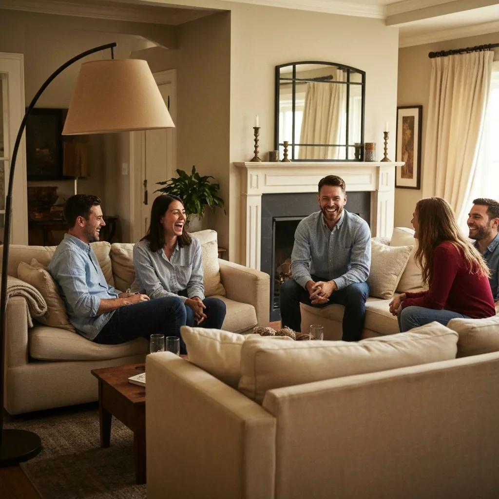 Group discussing financing options in a cozy living room, emphasizing credit scores and loans
