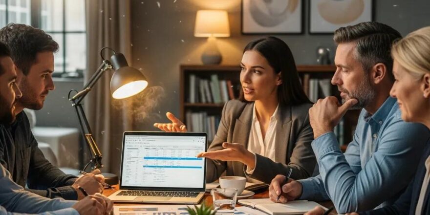 Group discussing hard money and private money lending in a cozy office environment