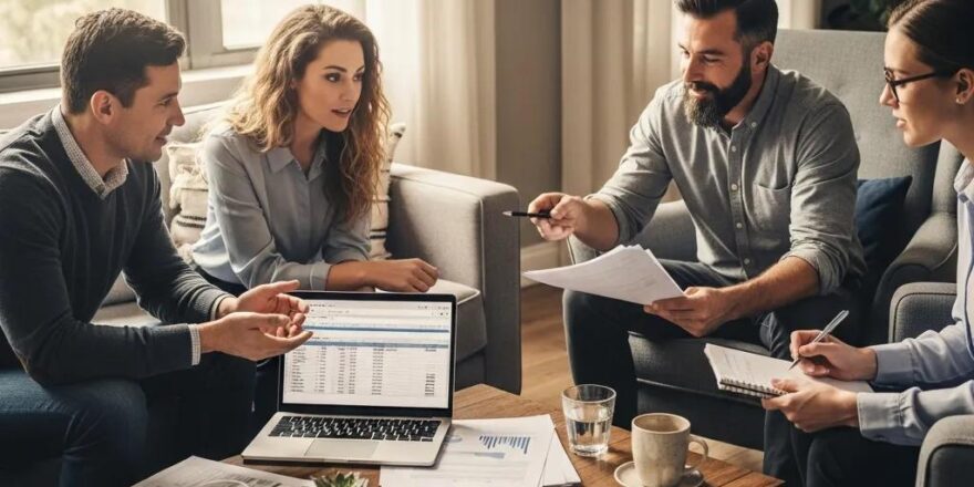 Group discussing hard money loan eligibility in a cozy living room setting