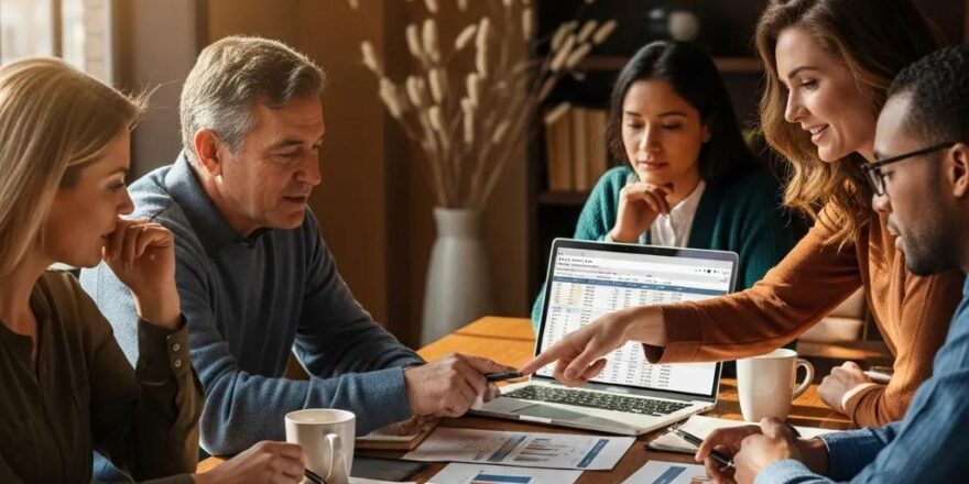 Group discussing hard money loan options in a cozy office environment