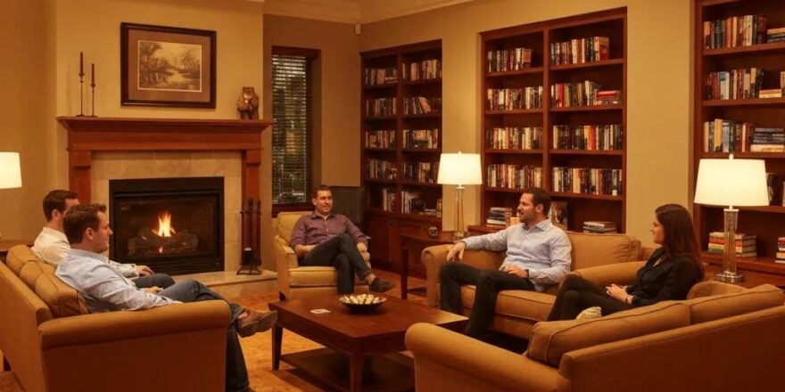 Group discussing real estate investment strategies in a cozy living room