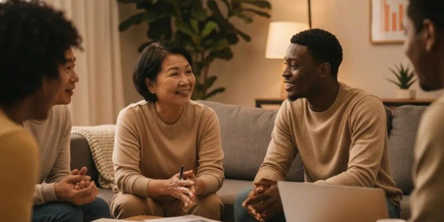 Group discussing rental property financing in a cozy living room