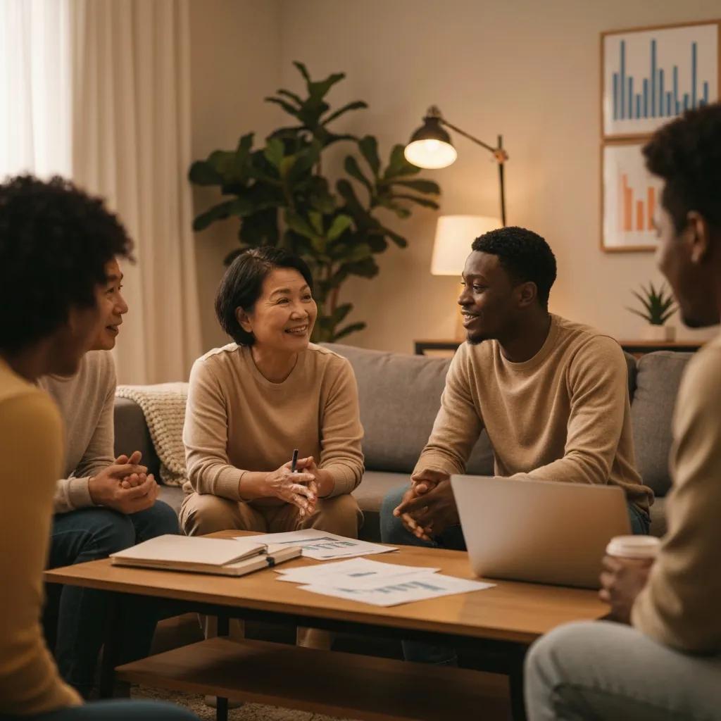Group discussing rental property financing in a cozy living room