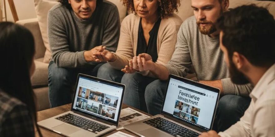 Group of diverse individuals discussing foreclosure investment strategies in a cozy living room