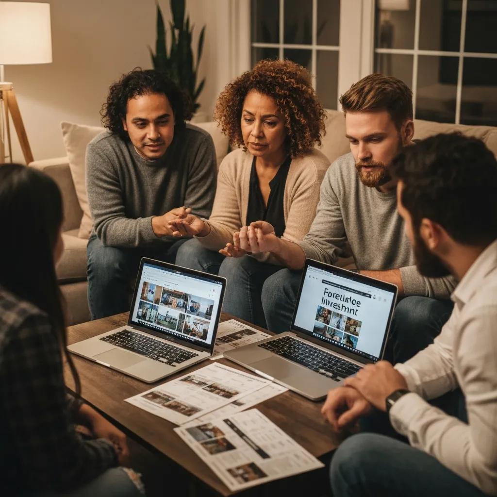 Group of diverse individuals discussing foreclosure investment strategies in a cozy living room