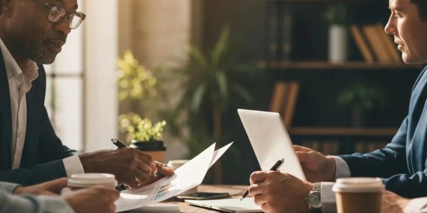 Group of diverse individuals discussing investment loans in a cozy home office setting