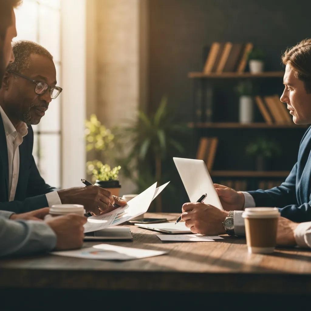 Group of diverse individuals discussing investment loans in a cozy home office setting
