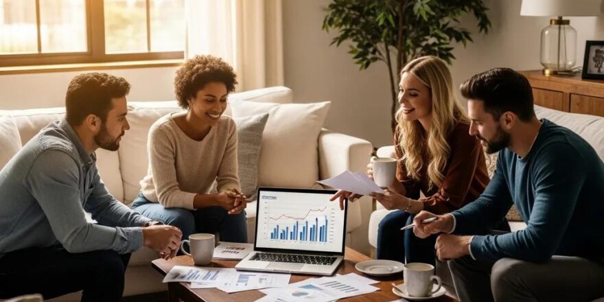 Group of diverse individuals discussing private money loans in a cozy living room