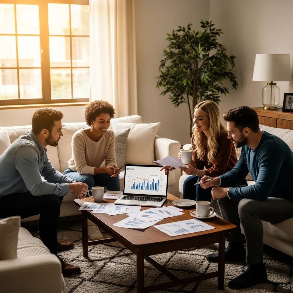 Group of diverse individuals discussing private money loans in a cozy living room