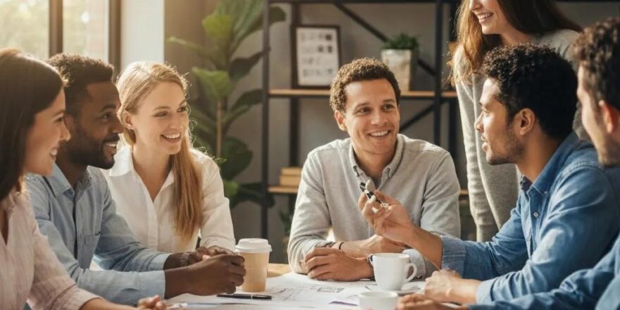 Group of diverse investors discussing property renovation plans in a cozy workspace