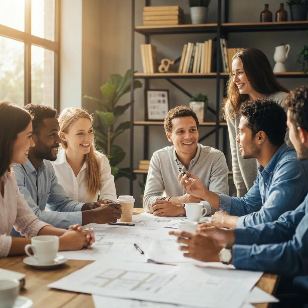 Group of diverse investors discussing property renovation plans in a cozy workspace