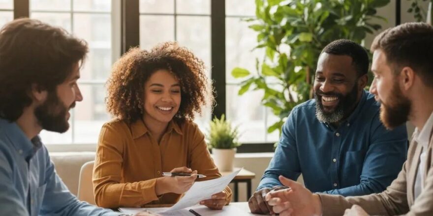 Group of diverse real estate investors collaborating on hard money loan strategies in a cozy office setting