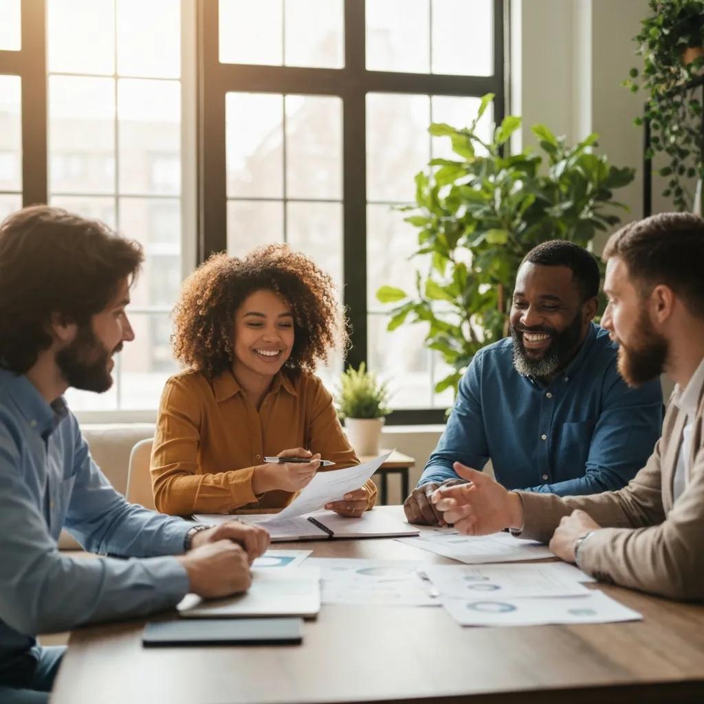 Group of diverse real estate investors collaborating on hard money loan strategies in a cozy office setting
