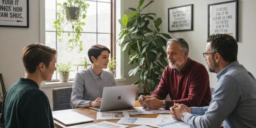 Group of diverse real estate investors collaborating on hard money loan strategies in a cozy office setting
