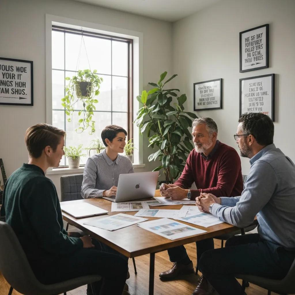Group of diverse real estate investors collaborating on hard money loan strategies in a cozy office setting