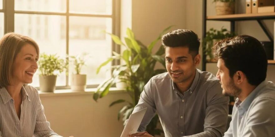 Group of diverse real estate investors collaborating on interest-only mortgage strategies in a cozy office setting